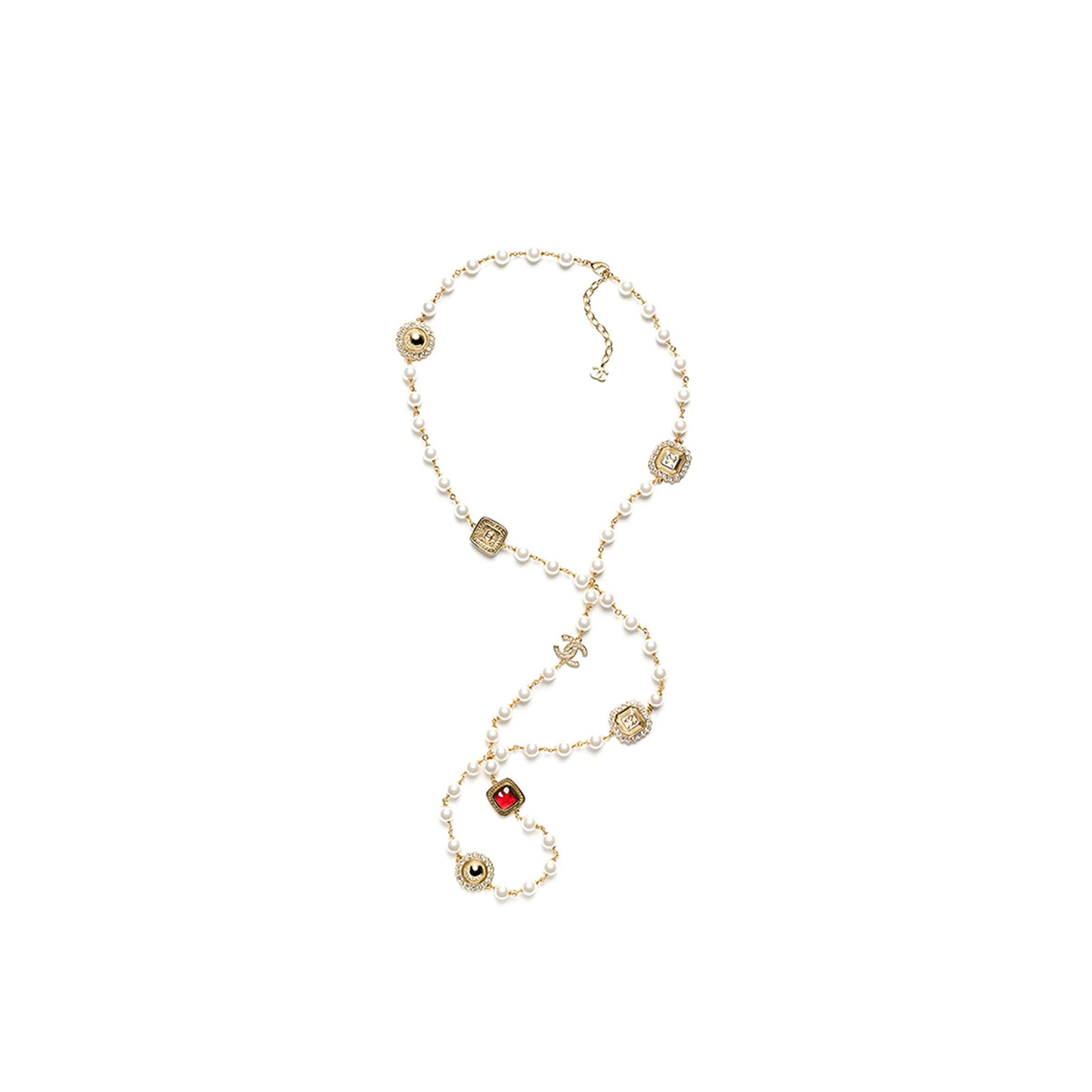 CHANEL LONG NECKLACE METAL, GLASS PEARLS & DIAMANTÉS GOLD, RED, PEARLY WHITE & CRYSTAL ABG681